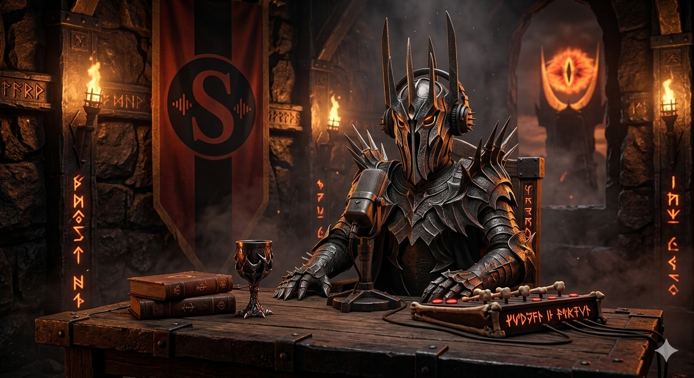 Sauron from Lord of the Rings hosting a podcast